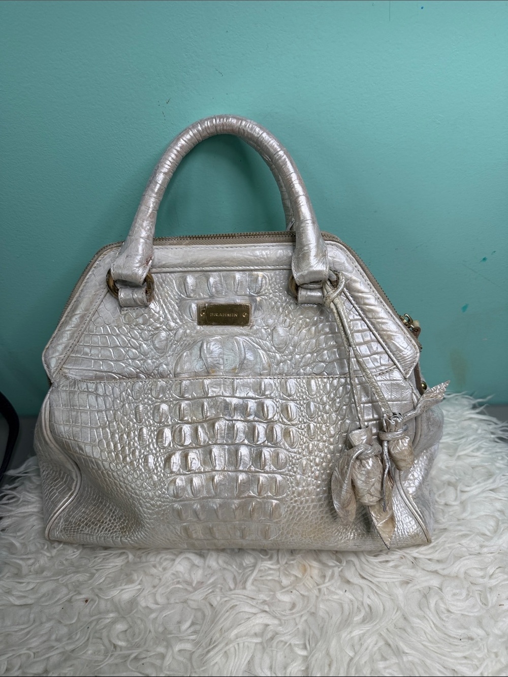 Brahmin  Metallic Croc-Embossed Satchel Handbag - Silver with roses